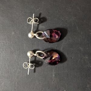 Silver Tone Purple AB Swarovski Crystal Oval Dainty Delicate Statement Earrings